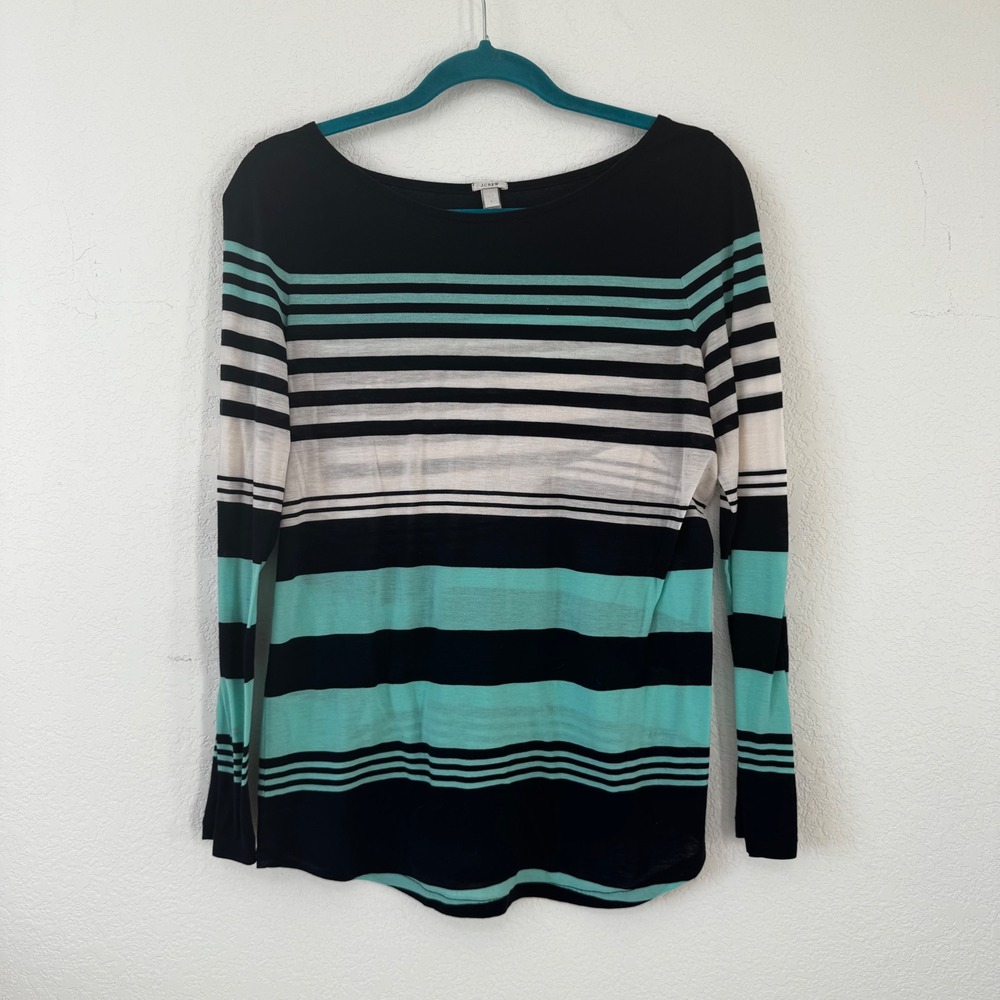 J Crew Striped Boat‎ Neck Long Sleeve Top Shirt Teal Black White Women's Size L